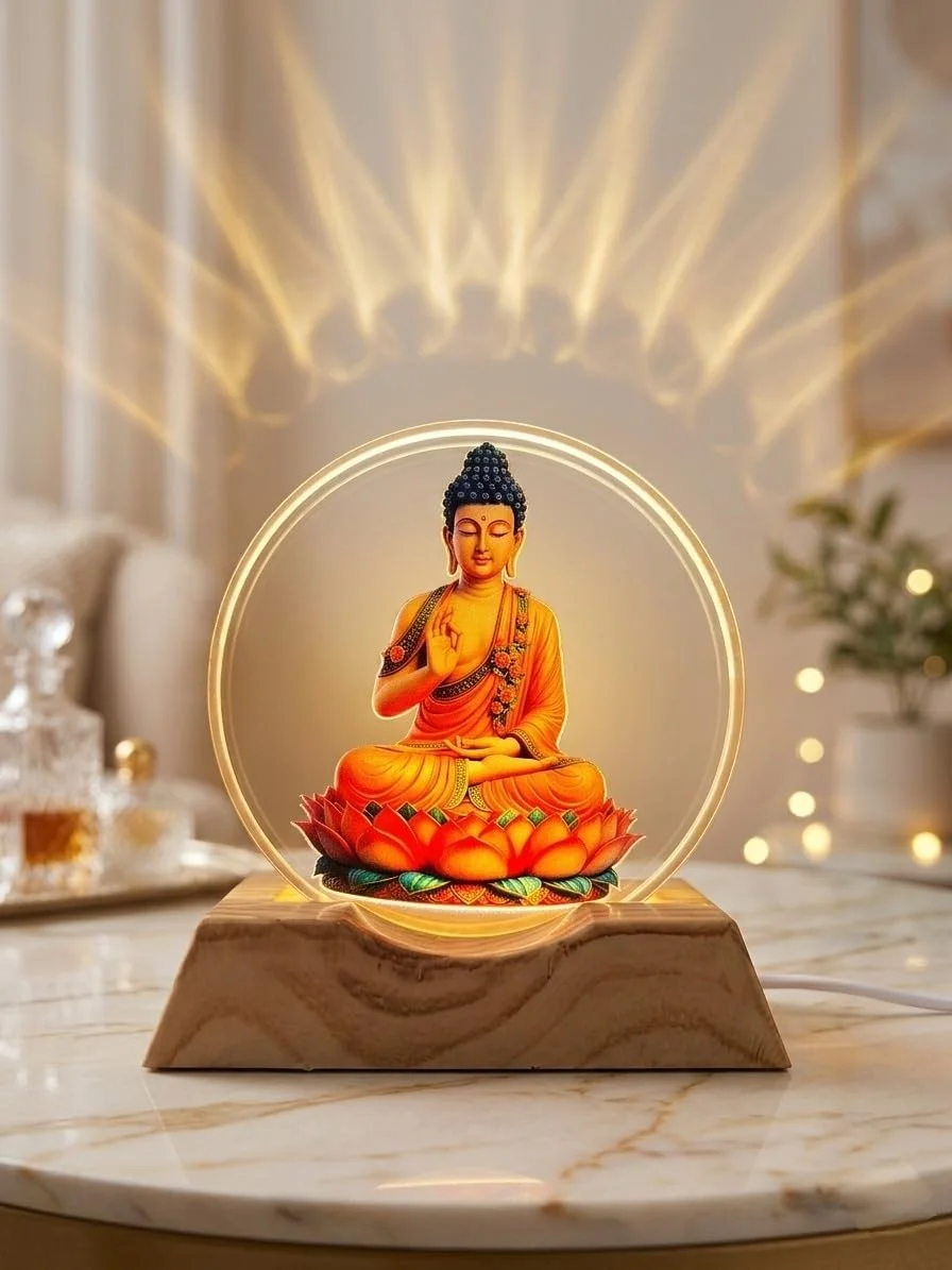 Buddha LED Night Lamp with Wooden Base | 3D Acrylic Illusion Lamp Warm White