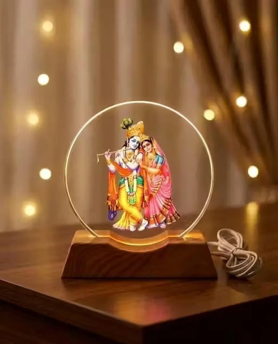 Radha Krishna 3D Acrylic LED Night Lamp with Wooden Base 8CM