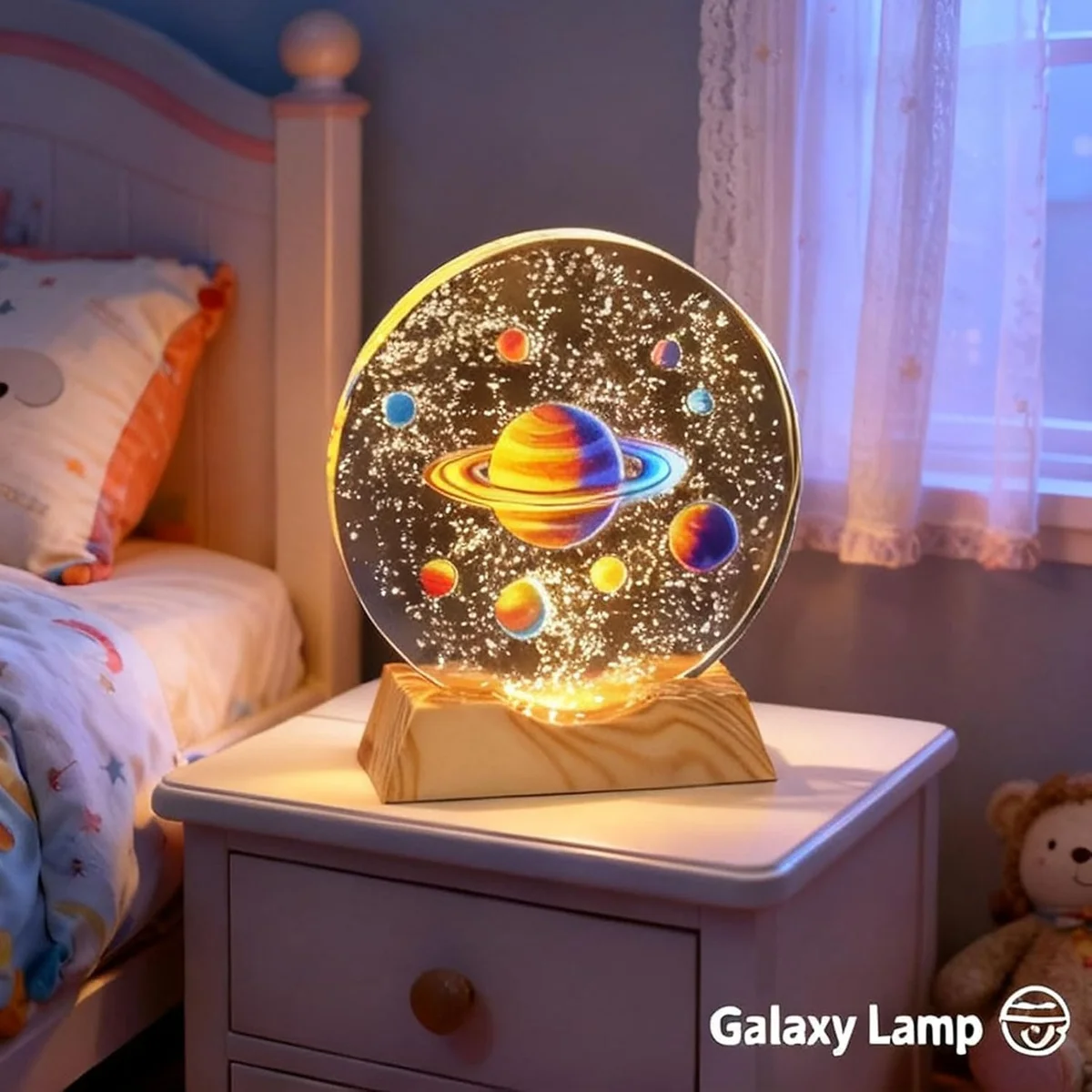 3D Acrylic Planets Crystal Ball Night Lamp with Wooden Base