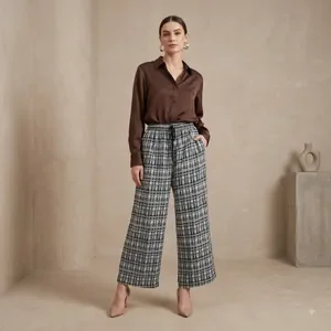 Grey Plaid Wide Leg Trousers For Women 4