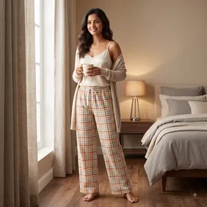 Multicolor Cotton Checked Wide Leg Pants For Women 3