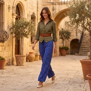 Blue Printed Wide Leg Palazzo Pants For Women 4