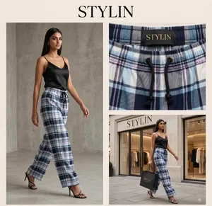 Blue Plaid Wide Leg Trousers For Women