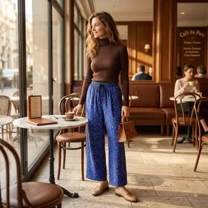Blue Printed Wide Leg Palazzo Pants For Women