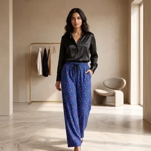 Blue Printed Wide Leg Palazzo Pants For Women 2