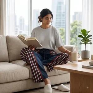 Navy Striped Wide Leg Trousers For Women 3
