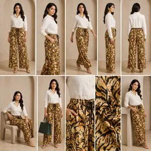 Brown Printed Wide Leg Trousers For Women