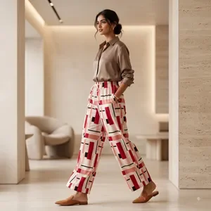 White And Pink Geometric Print Wide Leg Pants For Women 4