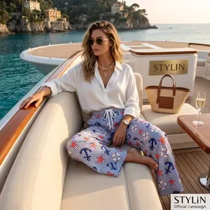 Blue Nautical Print Wide Leg Trousers For Women 2