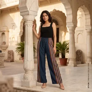 Navy Striped Wide Leg Trousers For Women 2