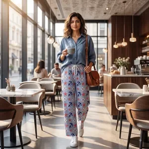 Blue Nautical Print Wide Leg Trousers For Women 4