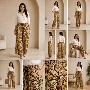 Brown Printed Wide Leg Trousers For Women 3