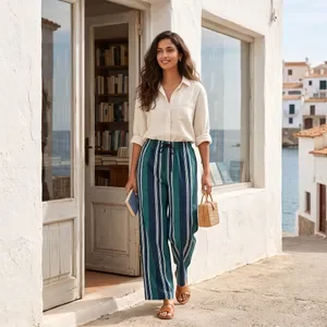 Teal Striped Wide Leg Trousers For Women