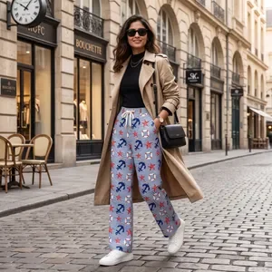 Blue Nautical Print Wide Leg Trousers For Women 3