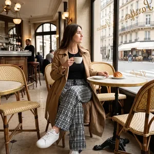 Grey Plaid Wide Leg Trousers For Women 3