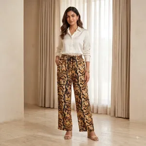 Brown Printed Wide Leg Trousers For Women 4
