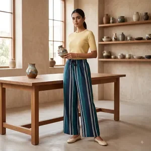 Teal Striped Wide Leg Trousers For Women 3