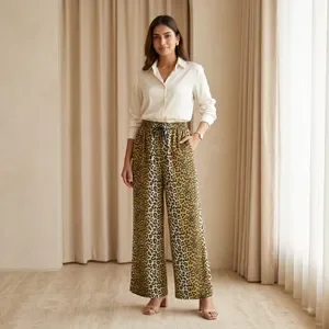 Brown Leopard Print Wide Leg Pants For Women 4