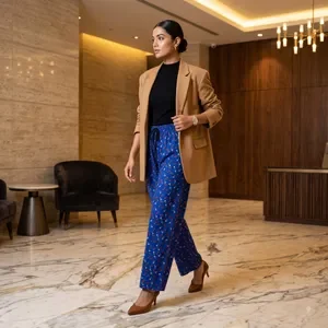 Blue Printed Wide Leg Palazzo Pants For Women 5