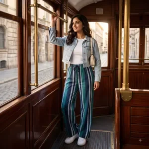 Teal Striped Wide Leg Trousers For Women 4