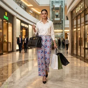 Blue Nautical Print Wide Leg Trousers For Women 5