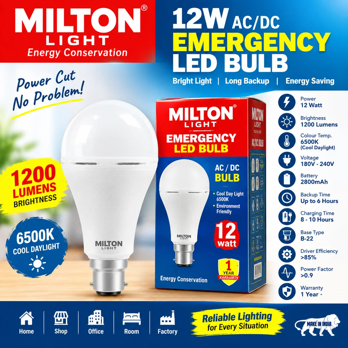 Milton Light 12W AC/DC Emergency LED Bulb – 1200 Lumens, 2800mAh Battery, Up to 6 Hours Backup