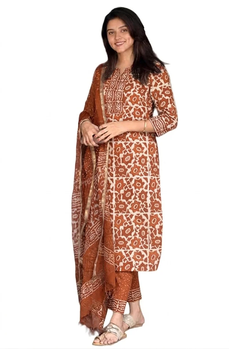 Gleema Anushri Orange Viscose Ethnic Block Print Kurta Pant Dupatta Set for Women | Traditional Ethnic Suit โ Maplle