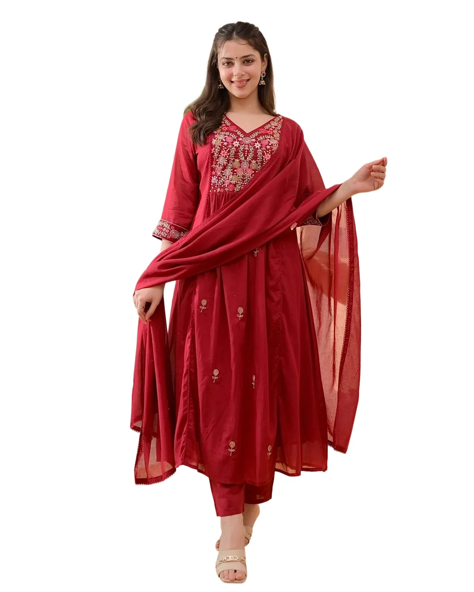 Gleema Women's red embrodiered Kurta Pant Set With Dupatta โ Maplle