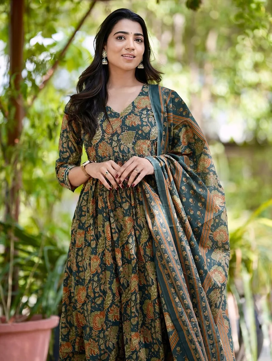 Gleema Printed Anarkali Dress Aanya Green โ Maplle