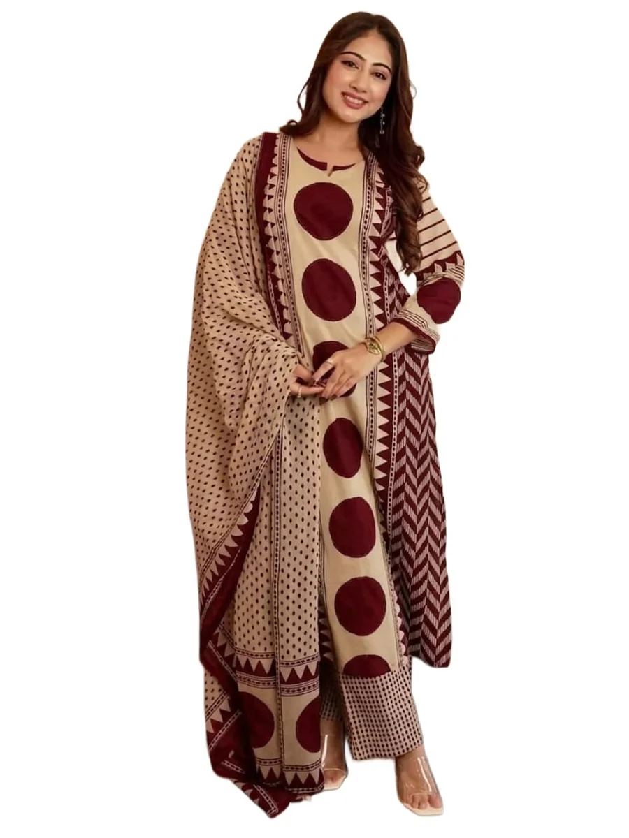 Beige & Maroon Printed Straight Kurta Set with Matching Pants and Dupatta for Women โ Maplle