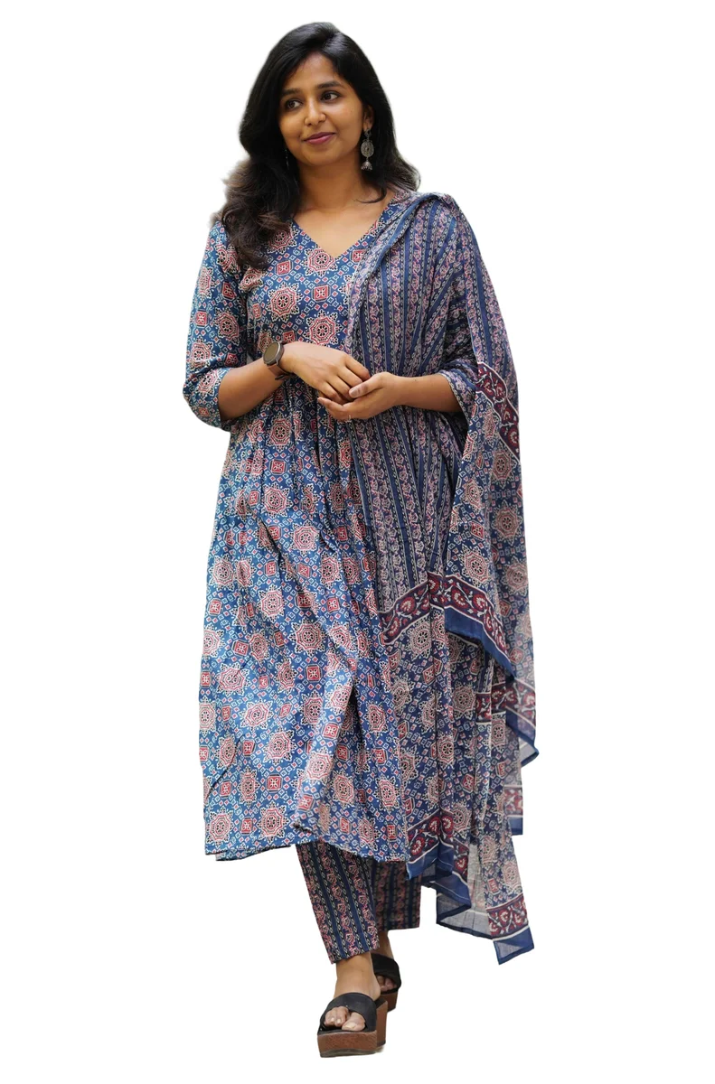 Gleema Shanta Blue Viscose Ajrakh Print Kurta Pant Dupatta Set for Women | Ethnic Suit Set โ Maplle
