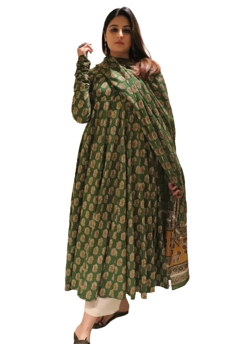 Gleema Chili Green Viscose Printed Kurta Pant Dupatta Set for Women | Green Ethnic Anarkali Suit โ Maplle