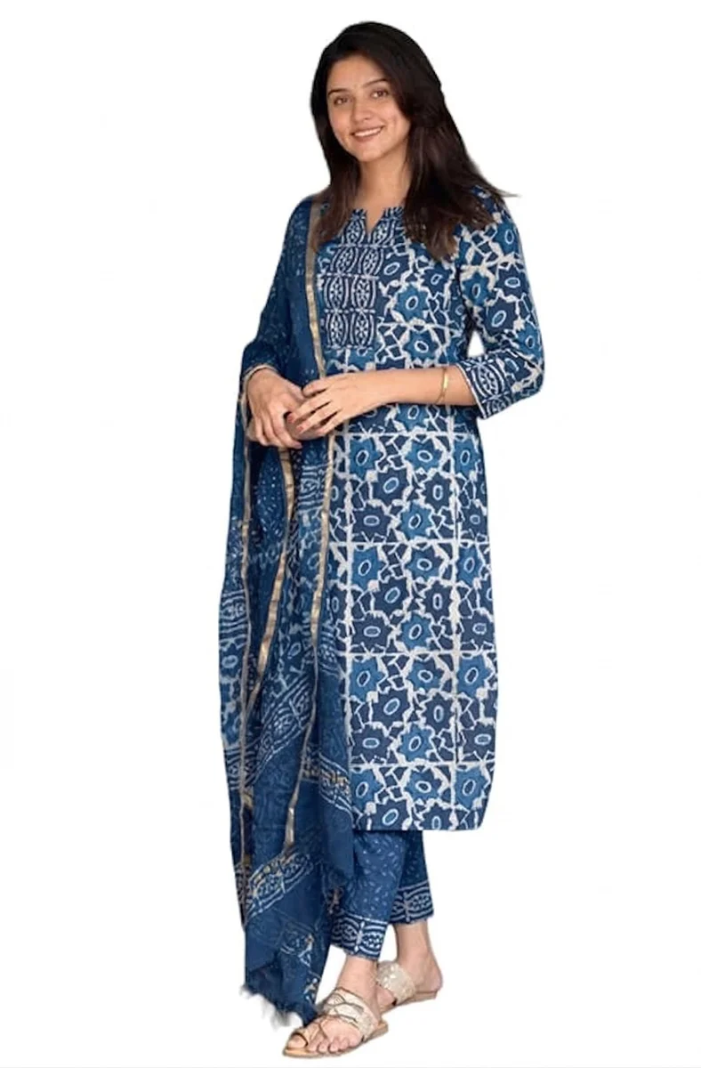 Gleema Anushri Blue Viscose Ethnic Block Print Kurta Pant Dupatta Set for Women | Traditional Ethnic Suit โ Maplle