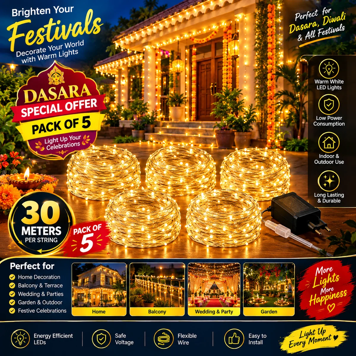Pack of 5 LED String Lights – 30 Meters Each | Warm White Decorative Lights for Dasara, Diwali, Home & Garden Decoration