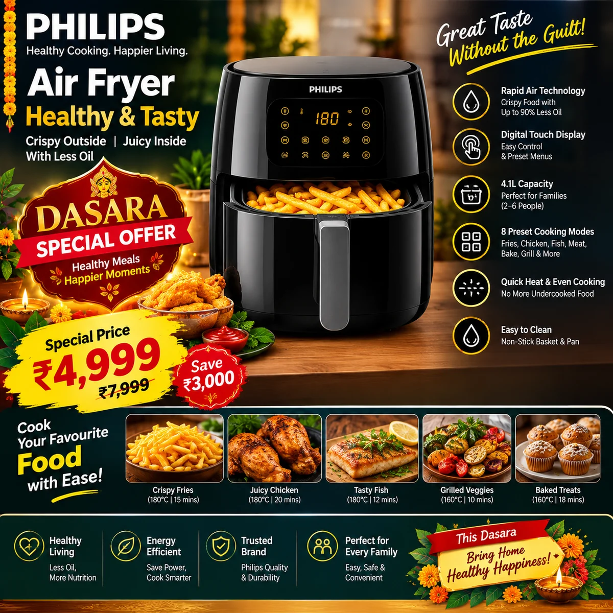 Philips Air Fryer – Healthy Oil-Free Cooking | Digital Touch Control | Non-Stick Basket | Dasara Special Offer