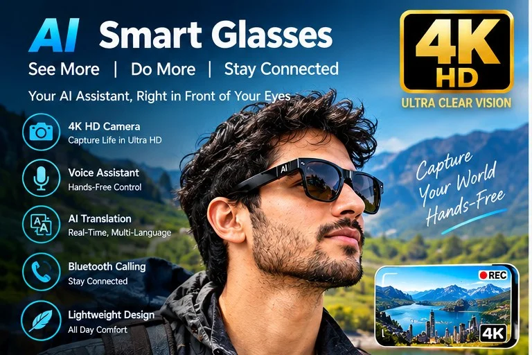 AI Smart Glasses with 4K HD Camera, Voice Assistant & Bluetooth