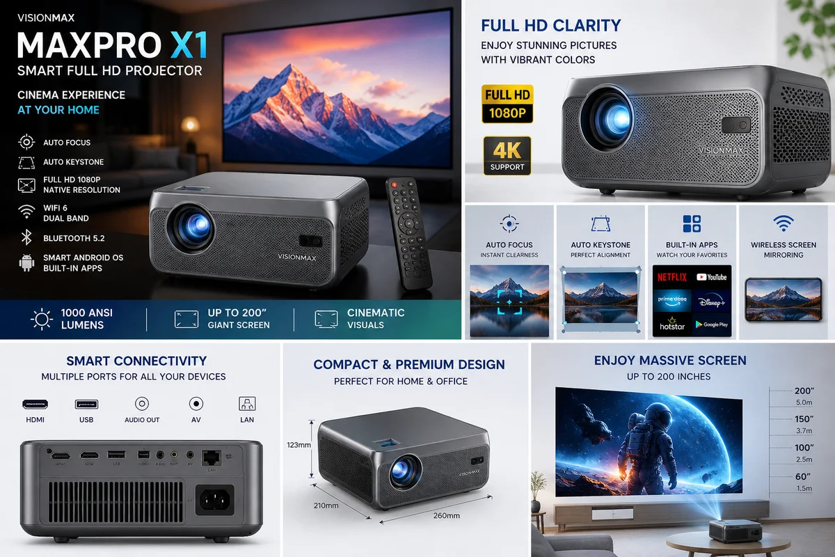 VISIONMAX MAXPRO X1 Smart Full HD Projector | Auto Focus, Auto Keystone & Wireless Screen Mirroring