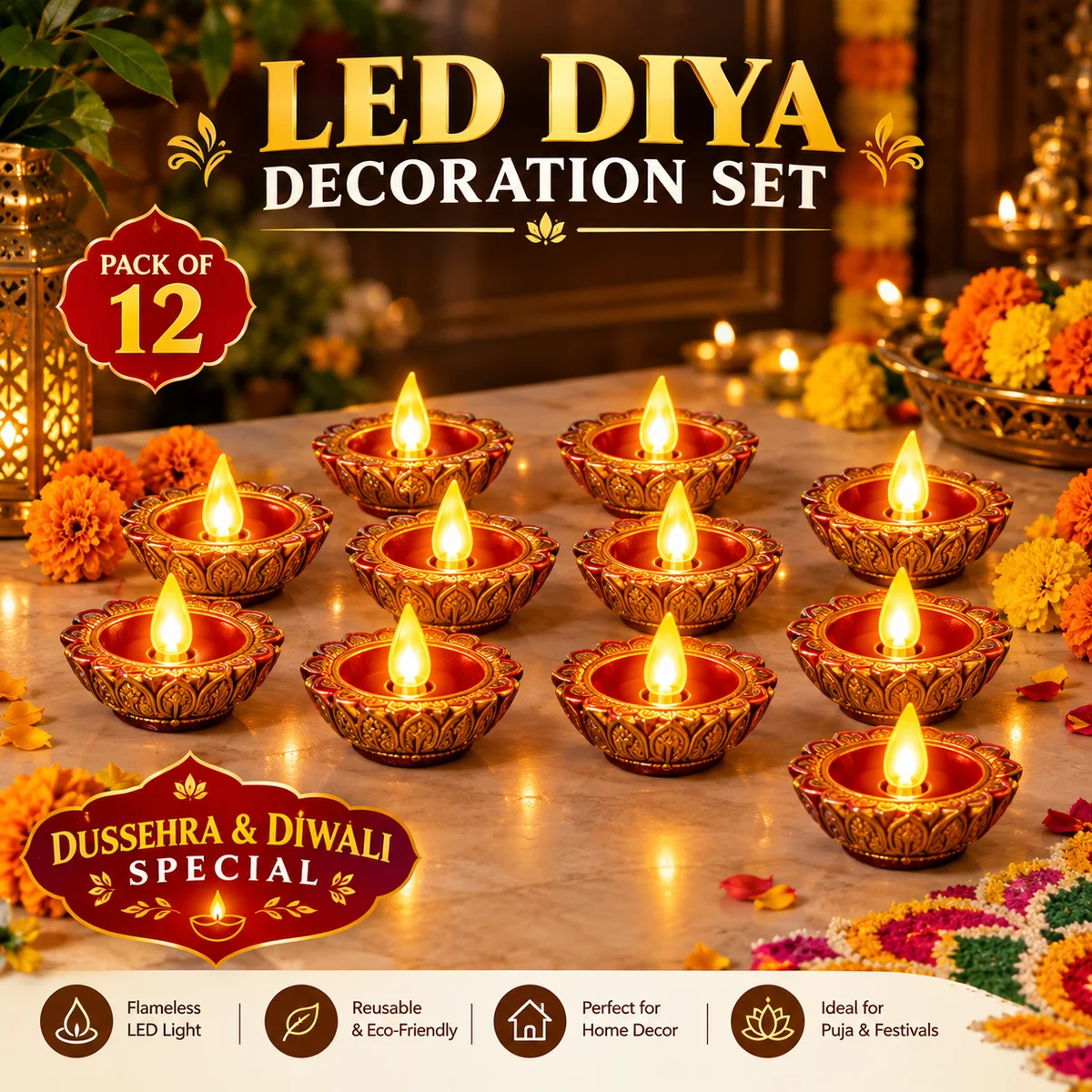 LED Diya Decoration Set – Pack of 12 | Reusable Flameless Decorative Lights for Home, Pooja & Festivals