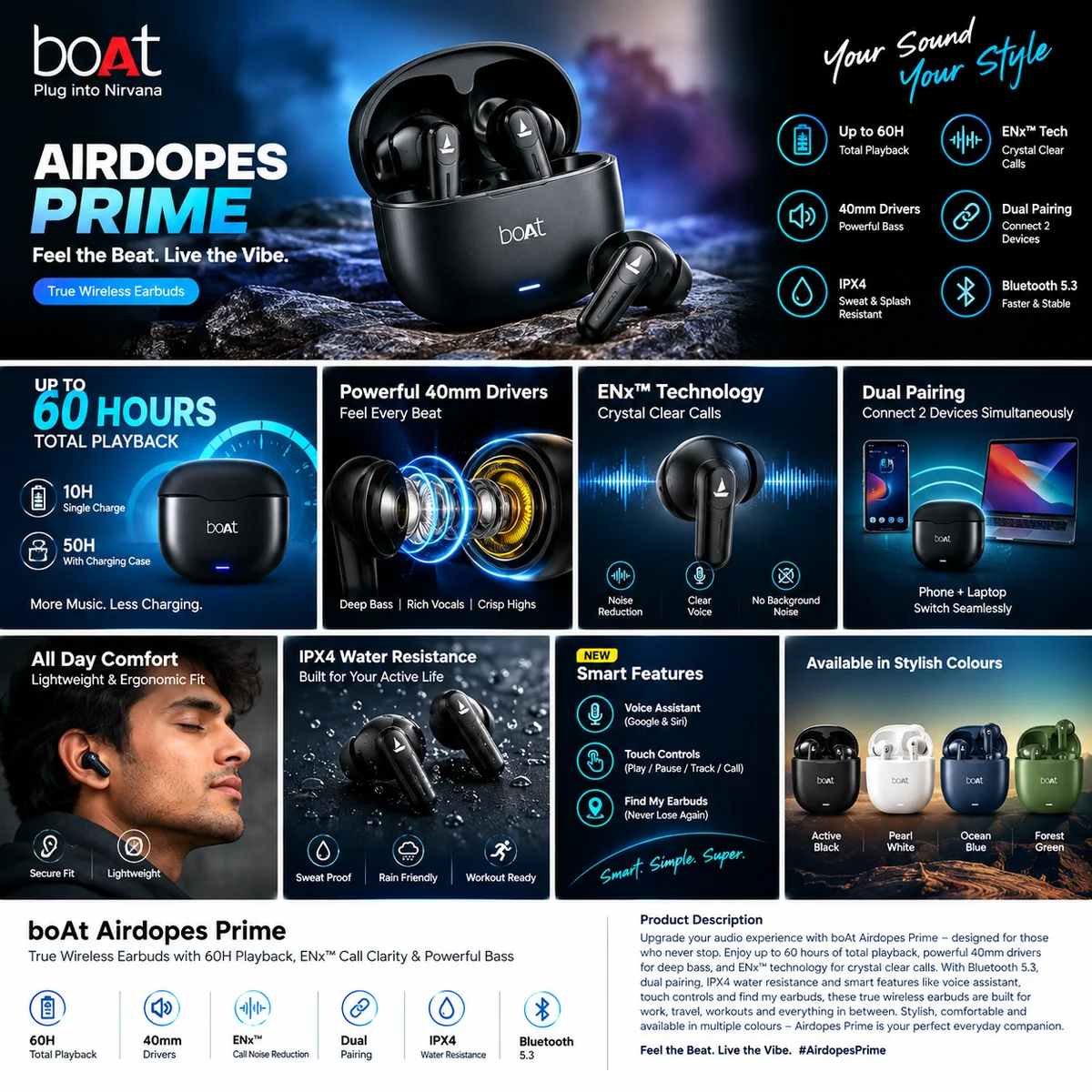 boAt Airdopes Prime – True Wireless Bluetooth Earbuds | 60 Hours Playback | Powerful Bass | ENx™ Technology