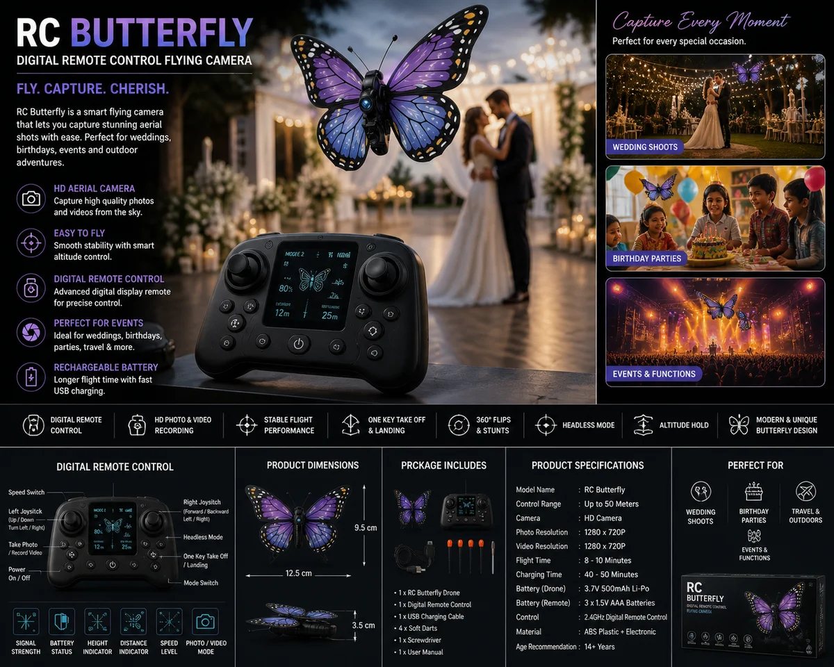RC Butterfly Digital Flying Camera with Remote Control | Unique Wedding, Birthday & Event Photography Gadget