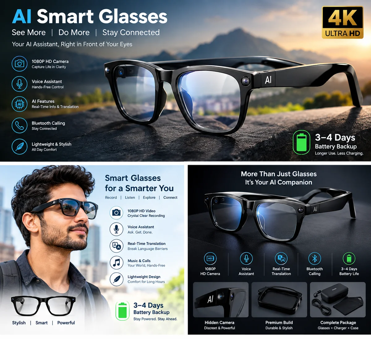 AI Smart Glasses with 1080P HD Camera, Voice Assistant & Bluetooth