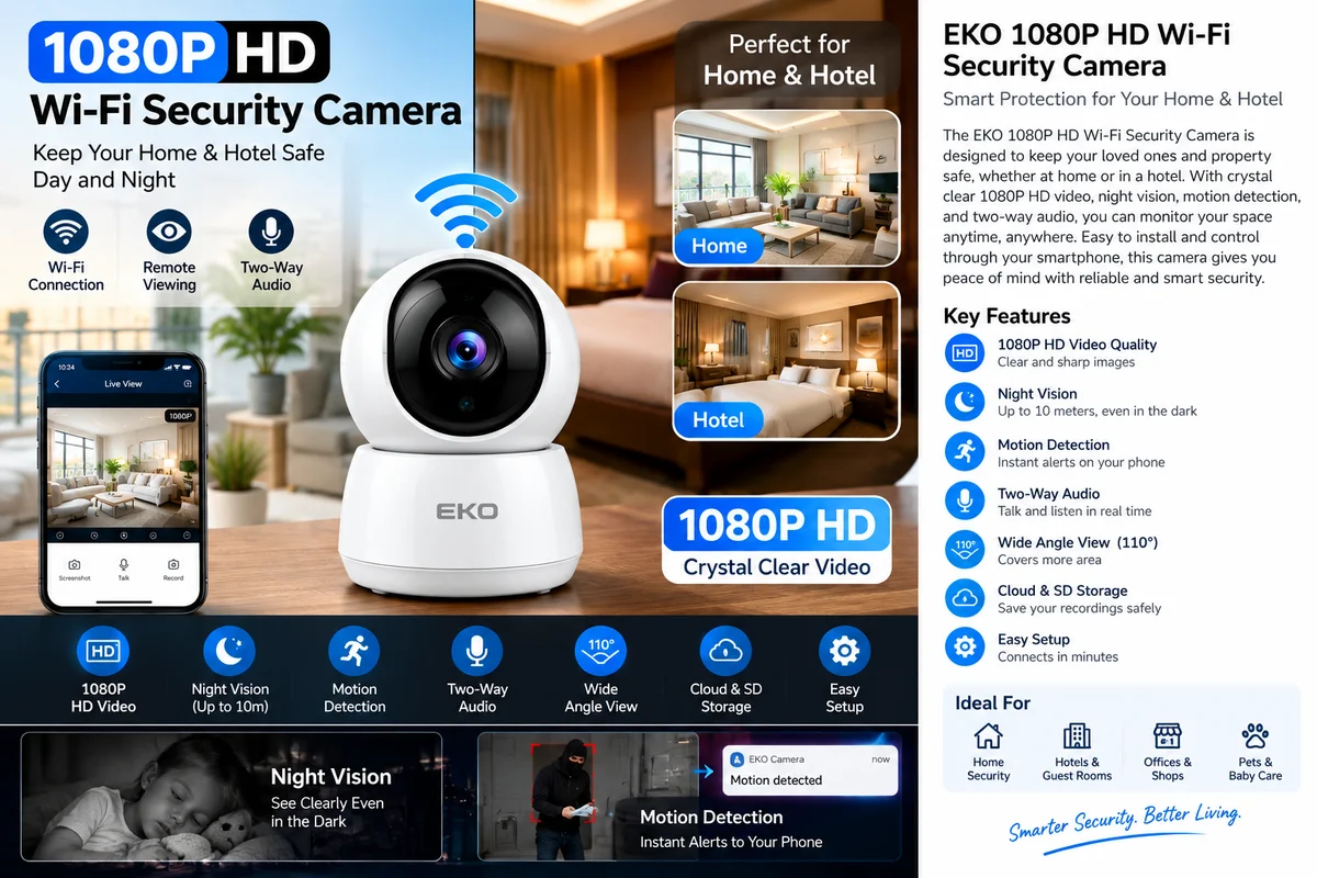 EKO 1080P HD Wi-Fi Security Camera for Home & Hotel