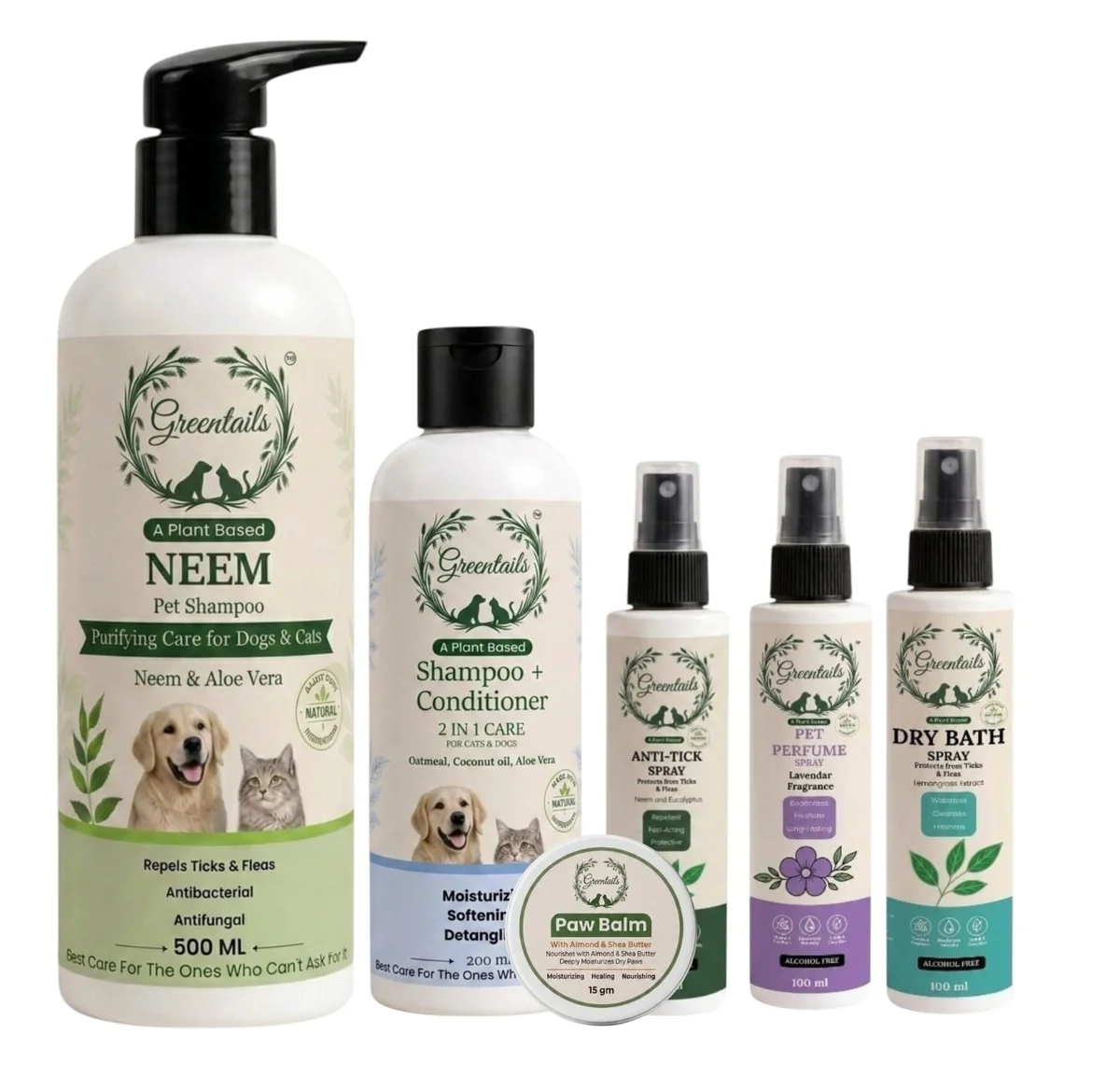 Premium Pet Care Grooming Kit, Pack Of 6 (Neem Shampoo 500 Ml, Conditioner+Shampoo 200 Ml, Anti-Tick Spray 100 Ml, Dry Bath 100 Ml, Pet Perfume 100Ml And Paw Balm 15 Gm)