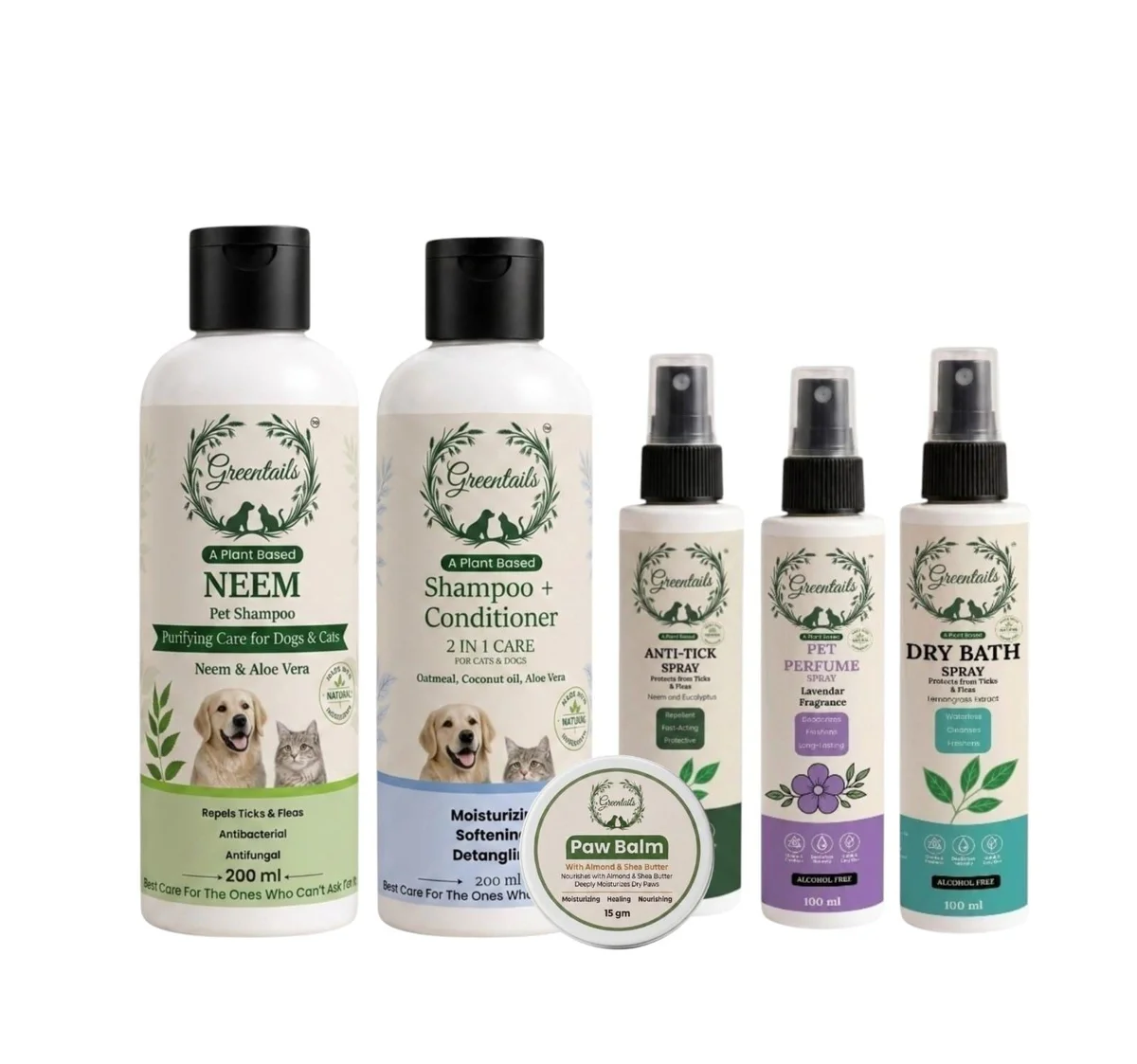 Professional Pet Care Grooming Kit, Pack Of 6 ( (Neem Shampoo 200 Ml, Conditioner+Shampoo 200 Ml, Anti-Tick Spray 100 Ml, Dry Bath 100 Ml, Pet Perfume 100Ml And Paw Balm 15 Gm)