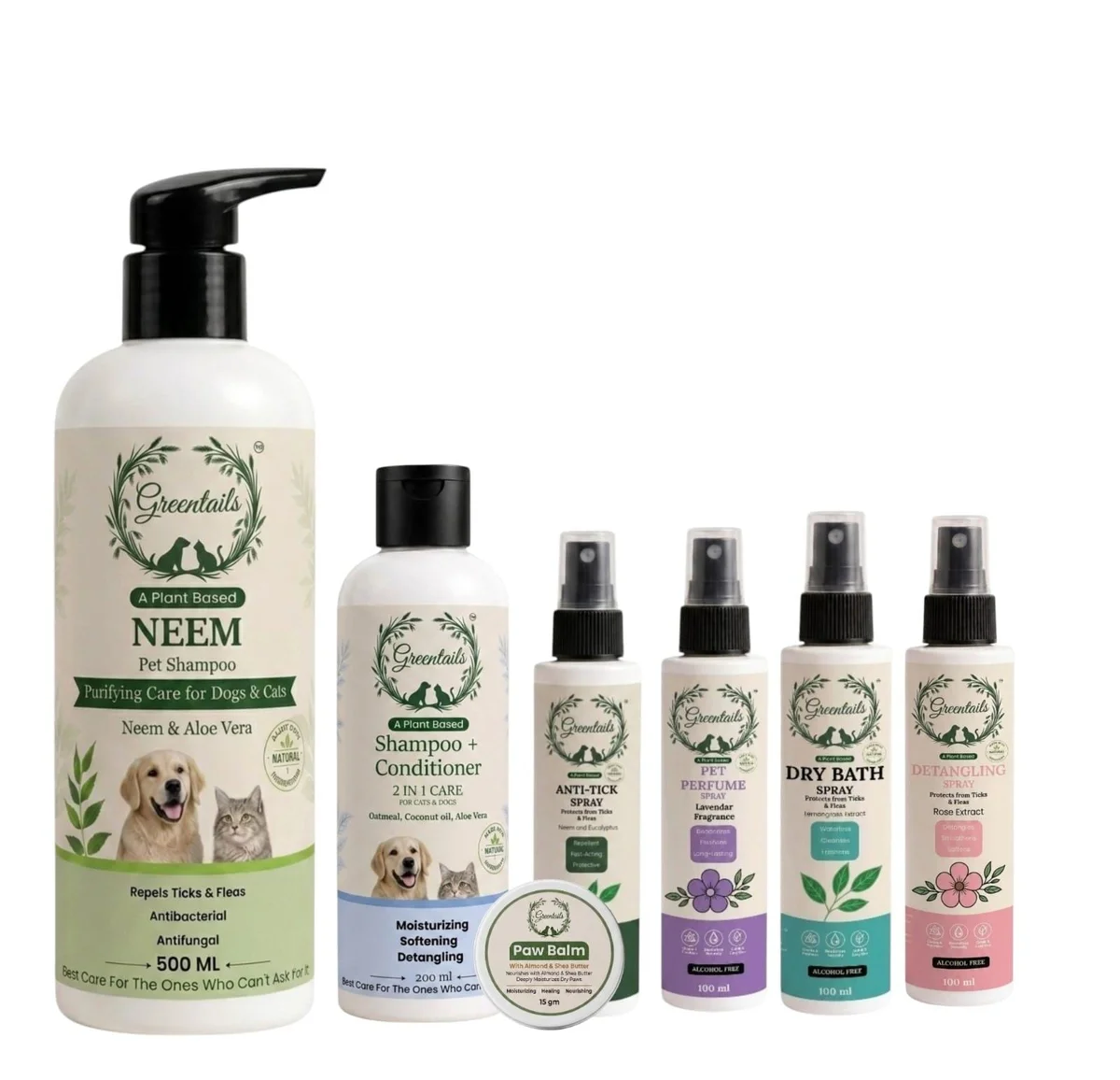 Premium Pet Care Grooming Kit, Pack Of 7 (Neem Shampoo 500 Ml, Conditioner+Shampoo 200 Ml, Anti-Tick Spray 100 Ml, Dry Bath 100 Ml, Detangling Spray 100 Ml, Pet Perfume 100Ml And Paw Balm 15 Gm)