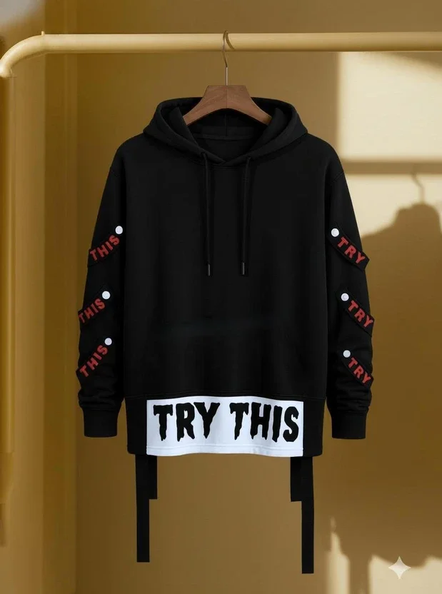 Try This Colorblock Men Hooded Neck Black T-Shirt