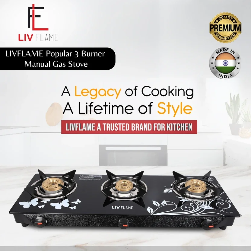 लिव फ्लेम Popular Cute Blkd Toughened Glass Gas stove(Manual,Black) मैनुअल गैस चूल्हा