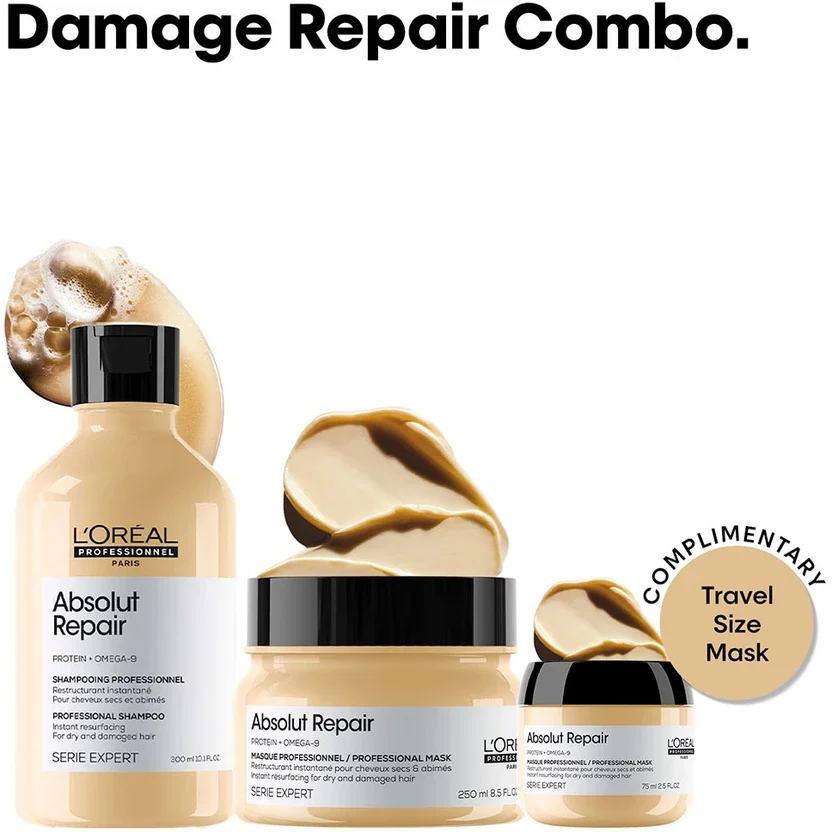 लोरियल प्रोफेशनल Absolut Repair Shampoo + Masque for Dry & Damaged Hair | Free Absolut Repair Mini Shampoo