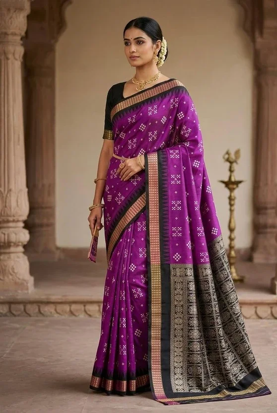 Naveliya Temple Border, Embroidered Sambalpuri Art Silk Saree