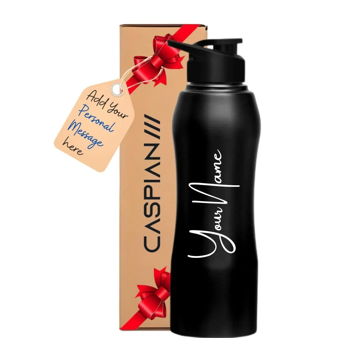 CASPIAN /// Pura Customised Stainless Steel Water Bottle 1L, K-Black with Logo Print-Personalised Water Bottle with Your Name Print for Kids Boys Girls School Office Gym-Perfect for Corporate Gifting